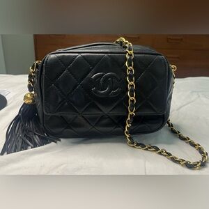 Chanel Black Quilted Leather Crossbody Bag vintage camera flap tassel